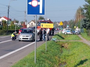 Na zdjęciu na samym jego środku w pierwszym kadrze widoczny znak drogowy na niebieskiej prostokątnej tablicy informujący o zamknięciu drogi znajdującej się po lewej stronie. Dalej za tym znakiem na środku kolejna tablica z informacyjna prostokątna koloru żółtego z napisem objazd i strzałką kierunkową na wprost. Następnie w kadrze patrząc od lewej strony widać pracującego na drodze Policjanta, który w tej chwili kuca i wykonuje zdjęcia uszkodzeń, jakie powstały na pojeździe marki Suzuki, który znajduje się przed nim, którego kolor to szary. Dalej na prawo za tym autem widać stojącą 5 osobową grupę osób. Za ostatnią z osób patrząc w prawo na ziemi częściowo na poboczu  częściowo na mostku widać leżący na boku rower koloru seledynowego. Za tą linią kadru widać po lewej jadącą kolumnę pojazdów, na środku wóz bojowy straży pożarnej a po prawej stronie widać stojący oznakowany radiowóz policyjny. Za policyjnym radiowozem po jego lewej stronie widać kolejny znak drogowy ostrzegawczy w kształcie trójkąta z żółtym tłem i tabliczką prostokątną pod spodem ostrzegający o możliwości wystąpienia na drodze zwierzyny leśnej. Otoczenie kadru to ścisła zabudowa domów jednorodzinnych i infrastruktura energetyczna (linie i słupy energetyczne).