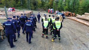 Na zdjęciu od lewej widoczne złożone drewno, następnie po prawej stronie ustawionych w kolumnie umundurowanych funkcjonariuszy policji, kolejno w prawo kolumna druhów Ochotniczej Straży Pożarnej. W tle widoczne strażackie wozy bojowe oraz teren leśny.